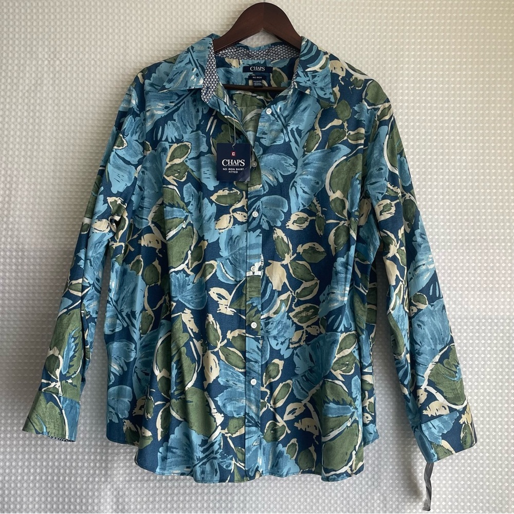 CHAPS No Iron Fitted Button Down Shirt Size 2X Blue Green Tropical Floral #703